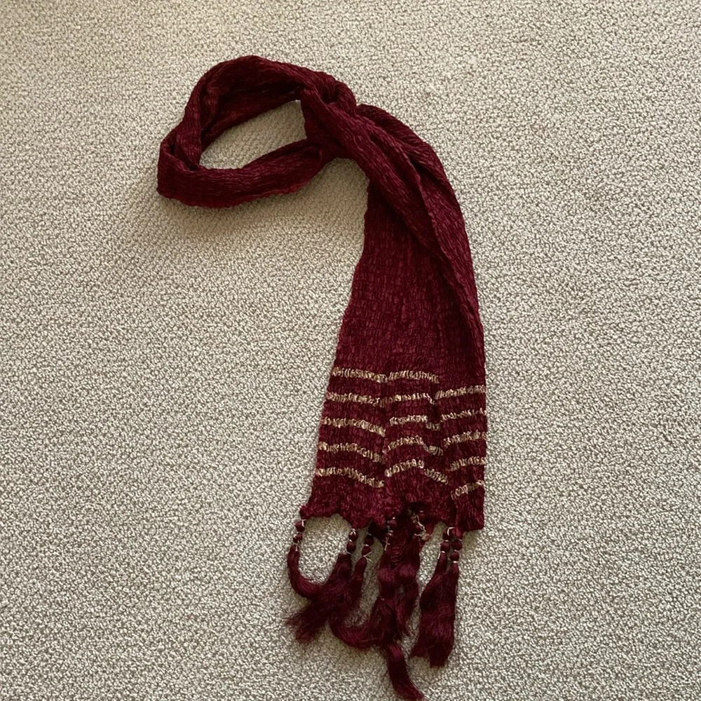 Anthropologie Smocked Ruched Tassel Fringe Scarf Luxurious Deep Wine Red VEUC